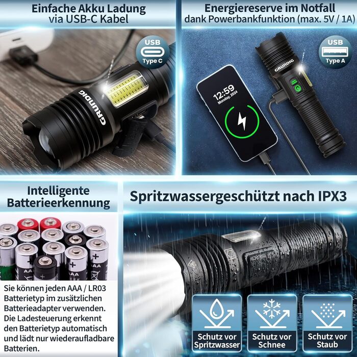 Ліхтарик GRUNDIG LED акумуляторний, надяскравий, з іонною технологією, аварійною USB-зарядкою, додатковим робочим світлом, міцний алюмінієвий корпус, потужний Li-акумулятор