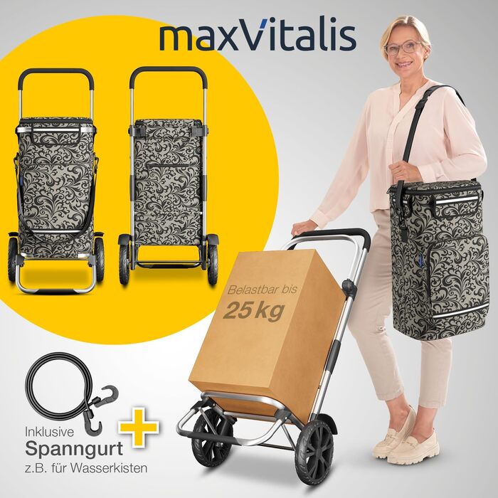 Складаний візок для покупок maxVitalis з охолоджуючим відділенням, 3-в-1: господарський візок, сумка на плече, ручна візок, 43 л, чорний