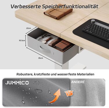Електричний регульований стіл JUMMICO для роботи стоячи з шухлядою та гачками, 180x80 см, бежевий - стіл для домашнього офісу