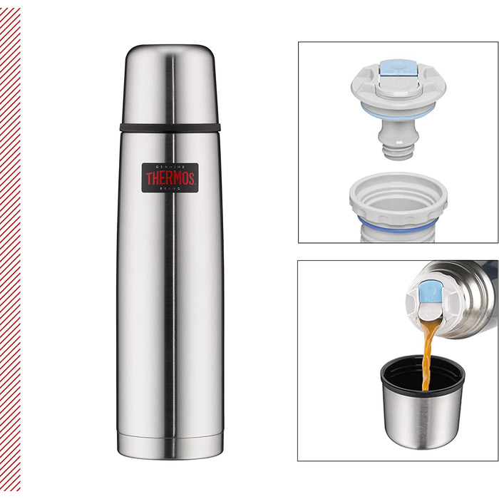 Термос для напоїв THERMOS Light & Compact 1 л, нержавіюча сталь, червоний, ізольована пляшка з чашкою, зберігає тепло до 12 годин, холод до 24 годин, герметичний, BPA-free, можна мити в посудомийці