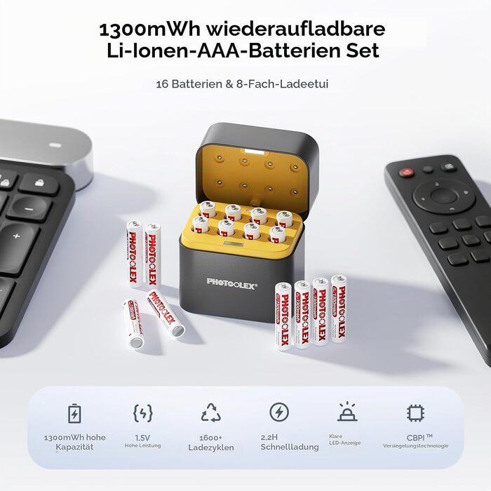 Набір акумуляторів PHOTOOLEX AAA Li-ion 1300mWh (8 шт.) з зарядним пристроєм, перезарядні літієві батарейки 8CH16AAA-DE