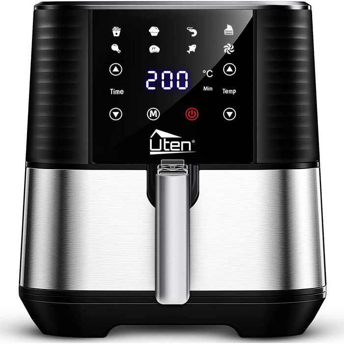 Аерофритюрниця Uten 5,5 л XXL з LED-екраном, 7 програм, 1700 Вт, без жиру, нержавіюча сталь, антипригарний кошик, функції попереднього нагріву та підтримки тепла