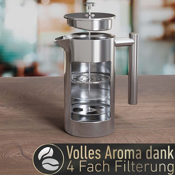 Френч-прес Barista Legends з нержавіючої сталі 1 л, подвійні стінки, термо, для фільтр-кави, для кемпінгу, матовий сріблястий