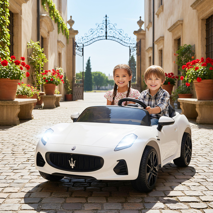 Дитячий електромобіль Maserati, 2 місця, акумулятор 12V, пульт дистанційного керування, світлодіодні вогні, музична панель, білий