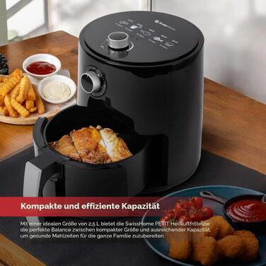 Аерофритюрниця SwissHome PETIT 2.5Л, 1200Вт, без олії, таймер 30 хв, регулювання температури 80-200°C, знімний кошик
