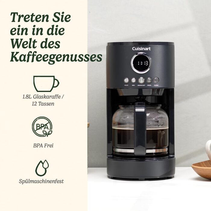 Кавоварка фільтраційна Cuisinart 1.8 л, 12 чашок, програмована, швидке заварювання, таймер 24 години, функція підтримки тепла, браузерна екстракція, мийка в посудомийці, чорна
