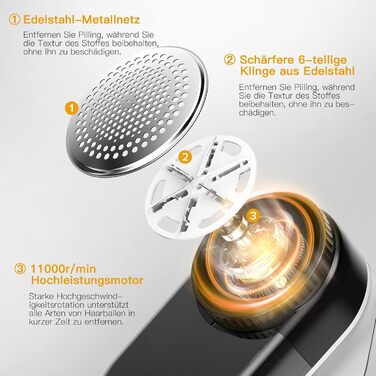 Електричний машинка для видалення катишків з LED-дисплеєм, USB акумуляторна, 3 швидкості, 6-лезова, 2000 мА·год, для різних тканин, чорна
