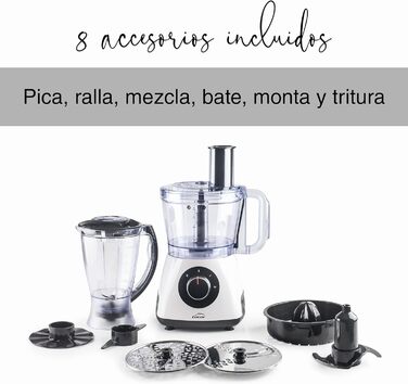 Кухонна машина Lacor MultiGenius 100% BPA-free, багатофункціональна, змінна швидкість, 8 насадок, захист, для посудомийки, біла
