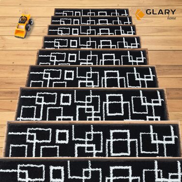 Комплект 15 килимків для сходів Glary Home, 22×71×1,2 см, самоклеючі, квадратний візерунок, біло-чорні