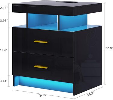 Нічний столик Lvifur з LED-підсвічуванням, сенсором руху та USB/Type-C зарядкою, 2 шухляди, бездротова зарядка, 3 кольори, регулювання яскравості, чорний колір