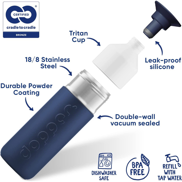 Термос Dopper Insulated Breaker Blue 580 мл – термочашка з нержавіючої сталі, для кави, чаю, подвійні стінки, не протікає, зберігає холод до 24 годин, тепло до 9 годин