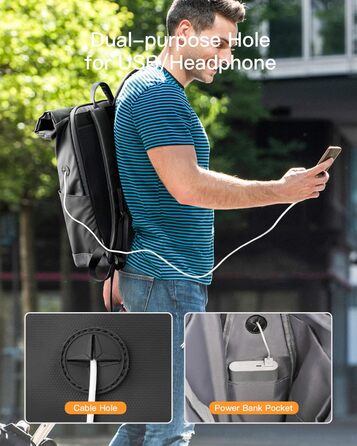Рюкзак Inateck RollTop 25-30 л, чорний, для чоловіків і жінок, велосипедний, міський, для ноутбука 17