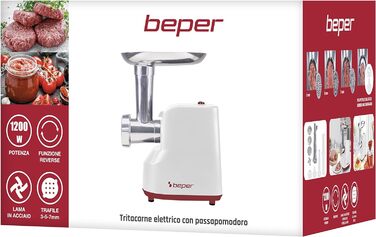 Електрична м’ясорубка та томатопресс BEPER P102ROB200, 1200 Вт, нержавіюча сталь, насадки