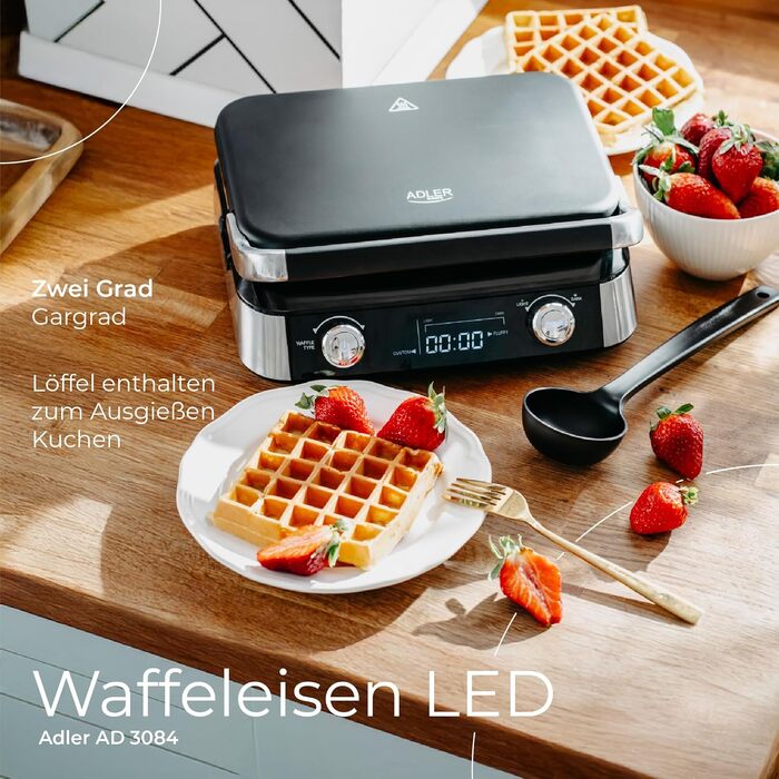 Професійна вафельниця ADLER EUROPE для бельгійських вафель з LCD-дисплеєм, 2400 Вт, 5 програм та 7 рівнів просмаження, глибокі пластини 12x13x2 см