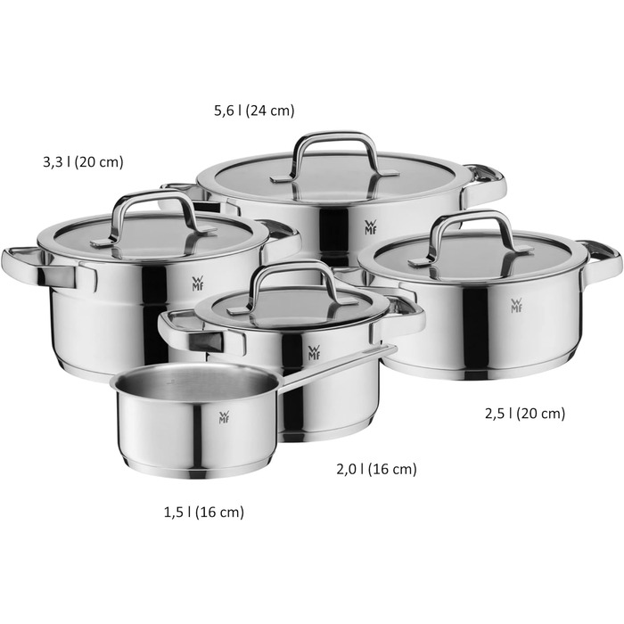 Набір каструль WMF Compact Cuisine 5 предметів, індукційний, нержавіюча сталь, з кришками, полірований Cromargan, без покриття, з внутрішньою шкалою