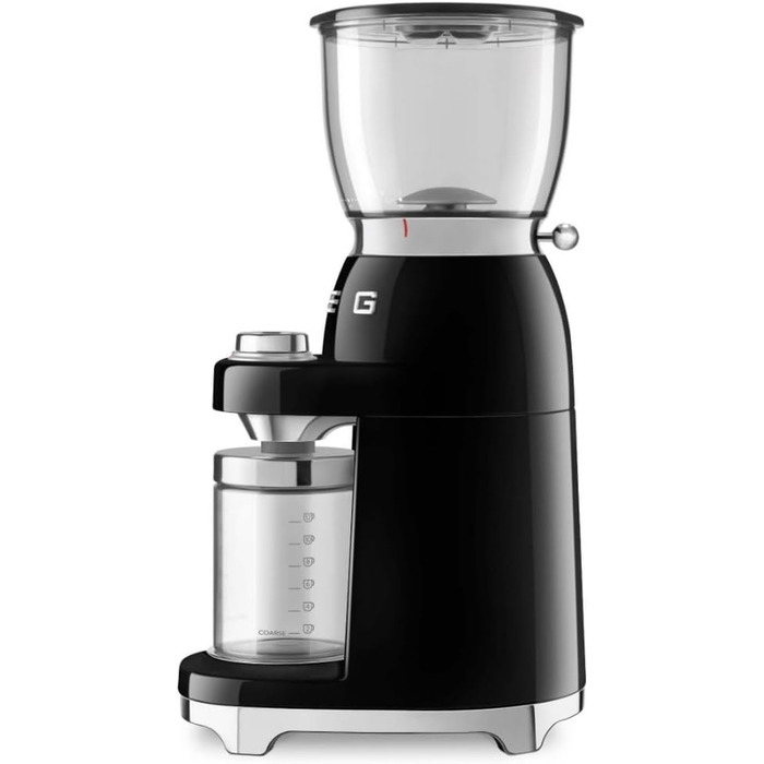 Кавомолка SMEG CGF11BLEU, конічне нержавіючо-сталеве жорно, 30 режимів помолу, контейнер 350 г, алюмінієвий корпус, 150 Вт, чорна