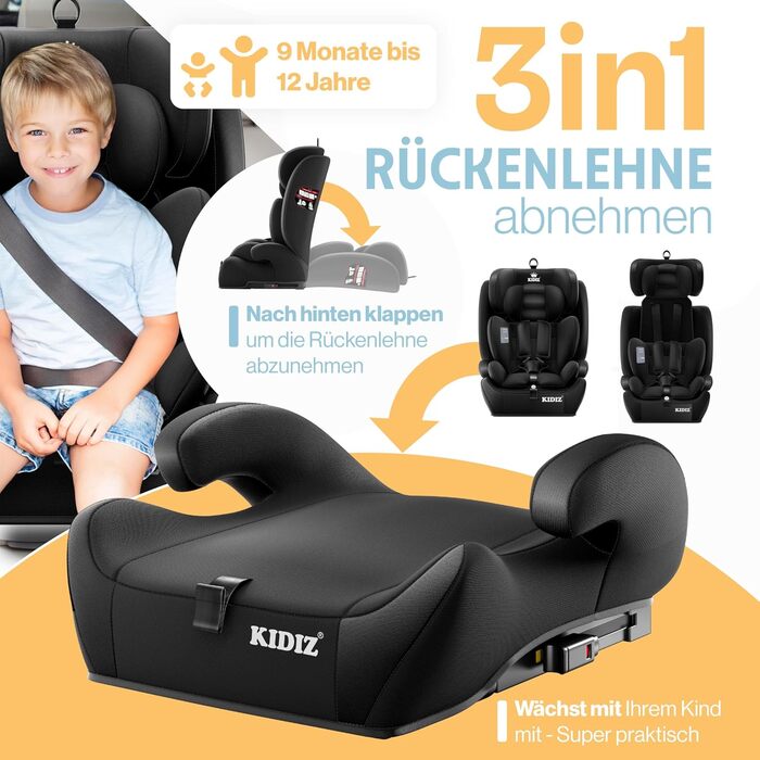 Автокрісло KIDIZ® 1+2+3 для дітей 9-36 кг з 5-точковим ременем безпеки, регульованою підголовником (чорне), Isofix
