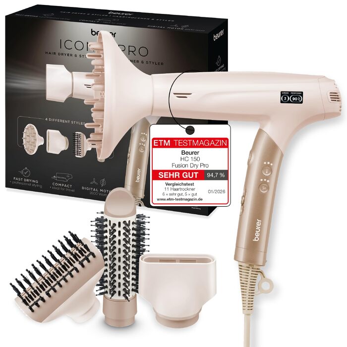 Фен для волосся Beurer HC 150 FusionDry Pro з цифровим двигуном, іонізацією та набором з 4 насадок, складаний дорожній