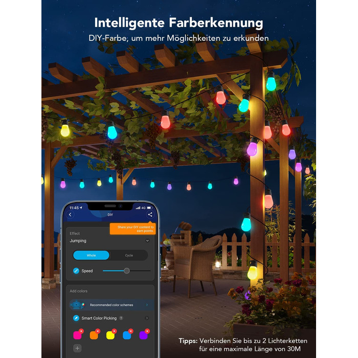 Розумний LED-гірлянда Govee для вулиці, WiFi, RGBICW, водонепроникна IP65, керування через Alexa, Google Assistant і додаток, 47 режимів, 15 ламп, 15 м