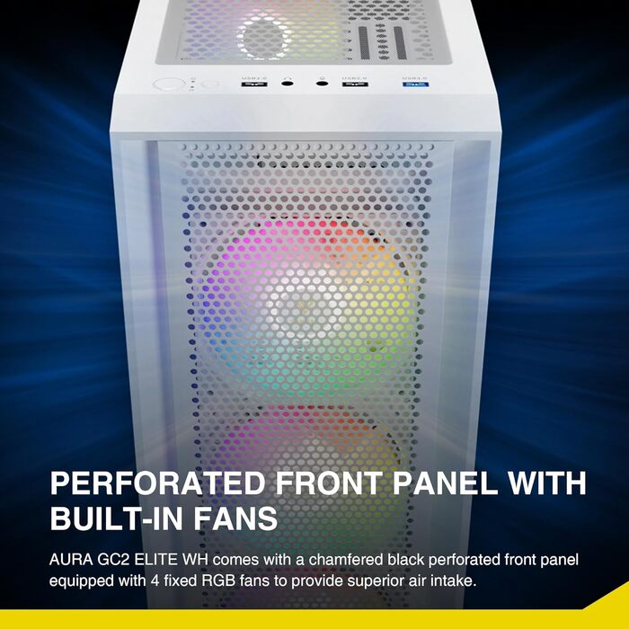 Ігровий корпус GAMDIAS Aura GC2 Elite ARGB ATX, білий, 4x120мм ARGB вентилятори, скляна бічна панель, Mesh-панель, синхронізація з материнською платою