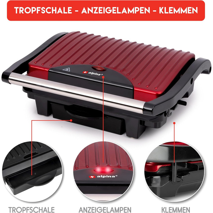 Контактний гриль Alpina Optigrill 2100W: для сендвічів, паніні, овочів, м'яса. Антипригарне покриття, інтелектуальні режими приготування, BPA-Free, чорний