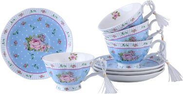 Чашка та блюдце з порцеляни Shabby Chic Vintage, з птахом, метеликом і квітами, подарункова коробка (рожево-блакитна)
