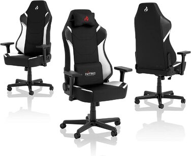 Ігрове крісло Nitro Concepts X1000, ергономічне, тканинне, офісне, на колесах, до 135 кг, чорне/біле, розмір XL