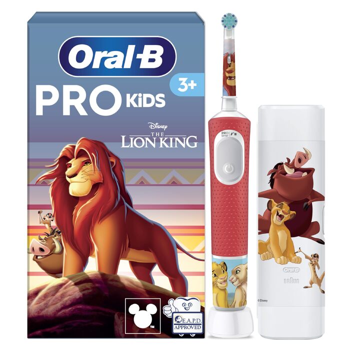 Дитяча електрична зубна щітка Oral-B Pro Kids 3+ Король Лев (Білий/Червоний), з 1 додатковою насадкою та білим футляром