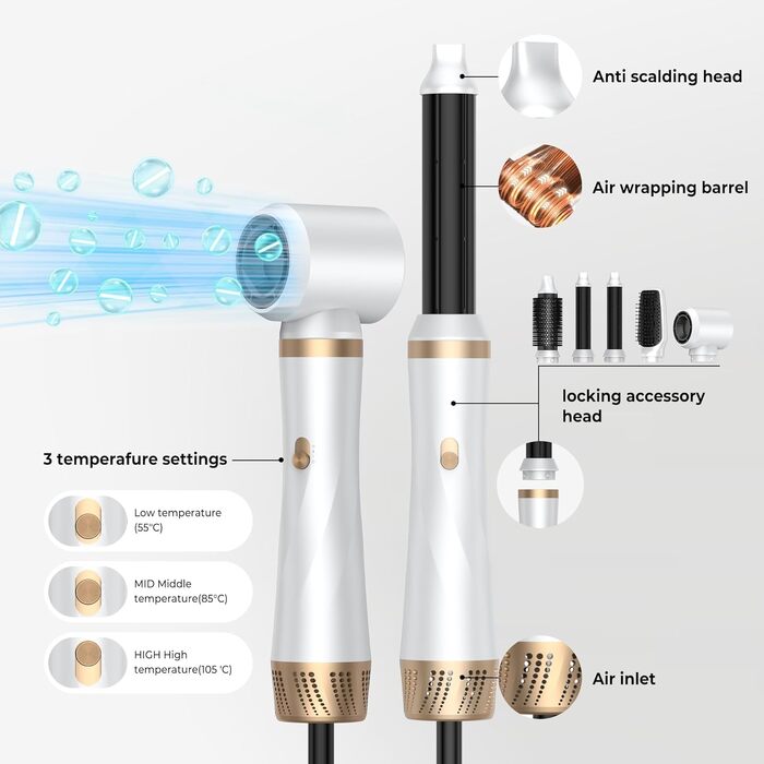 UMIGA Airstyler 5-в-1: Фен-щітка, випрямляч, плойка, об'ємна щітка для волосся 1000W, 3 режими нагріву, рожево-білий