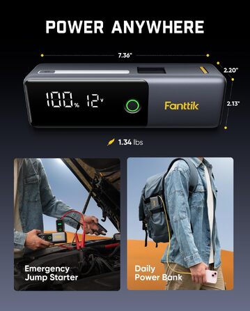 Бустер-старт-пауербанк Fanttik Potent T10 1800A 12000mAh, пусковий пристрій для авто 12V (бензин до 7.0L, дизель до 5.0L) з вбудованим кабелем
