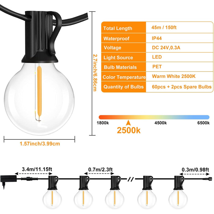 LED гірлянда для вулиці з пультом керування - 15м, 40W, G40, димування, 4 режими, таймер, вологостійка для саду, балкону, тераси, вечірки, кемпінгу, весілля