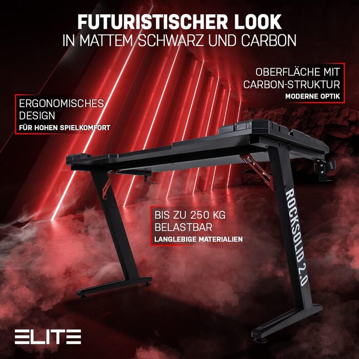 Ігровий стіл ELITE Rocksolid 2.0 чорний RGB з LED-підсвічуванням, тримачем для гарнітури та напоїв, органайзером для кабелів, комп'ютерний стіл для геймерів