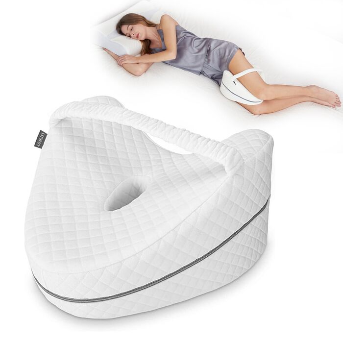Ергономічна ортопедична подушка між колін з ефектом пам'яті (Memory Foam) для ніг, стегон та попереку, біла, зі стрічкою
