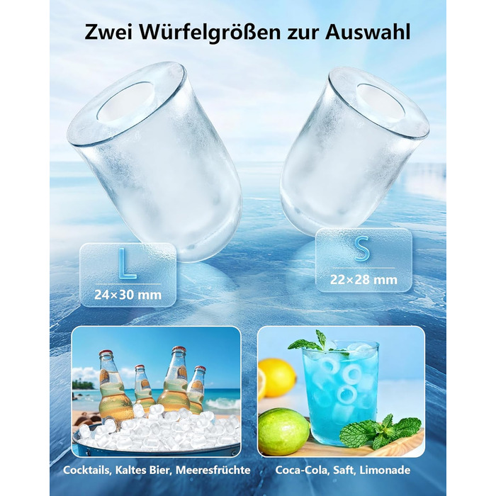 Льодогенератор портативний Klein Ice Maker 12 кг/24год, швидке виробництво льоду (8 кубиків за 6 хв), 2 розміри кубиків, самоочищення для дому, кухні, кемпінгу, вечірок