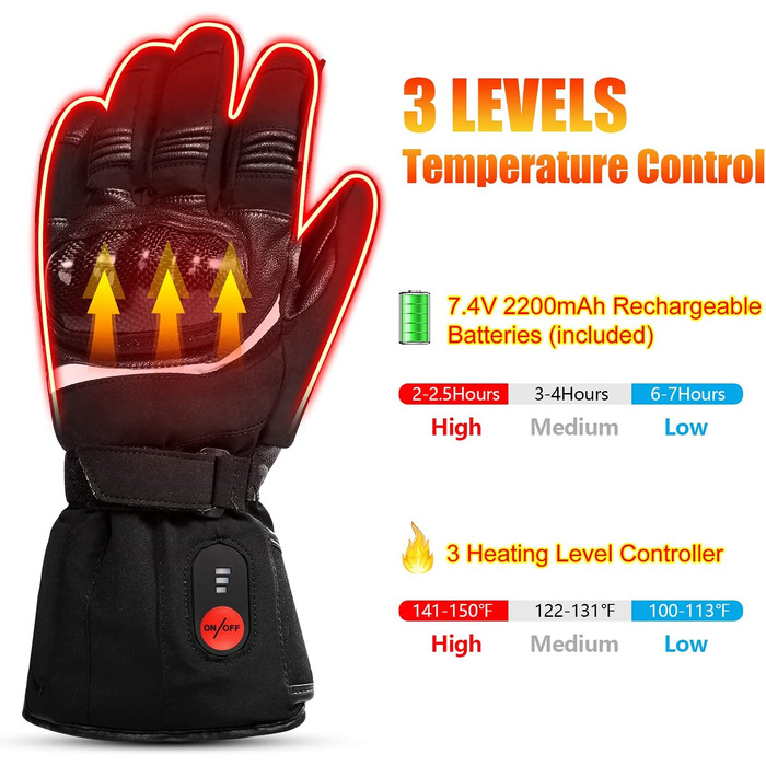 Обогріваючі рукавички SAVIOR HEAT для чоловіків та жінок, рукавички для зимового катання на лижах та ковзанах, рукавички для артриту, акумулятор 7.4V 2200mAh, USB-зарядка, чорний (XL)