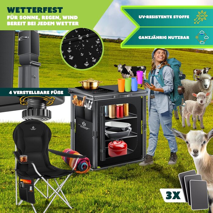KESSER® Кухня для кемпінгу складана | Шафа для кемпінгу на 84x80 см | Кухонна шафа з алюмінієвим каркасом, 6 відділень (вкл. набір з 4 склянки), бічні кишені та москітна сітка | Кухня для кемпінгу з UV-стійкої тканини, 6 полиць (3 полиці чорного кольору)