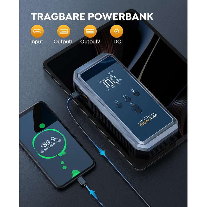 Портативний пусковий пристрій YaberAuto YA70 з компресором 150 PSI, Powerbank 21800mAh, ліхтарик 300 Lumen, LCD екран