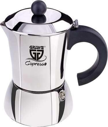 Кавоварка Gräwe espresso, виготовлена ​​з нержавіючої сталі (0 % алюмінію), ємність приблизно 200 мл або 4 маленькі чашки, також підходить для індукційних плит