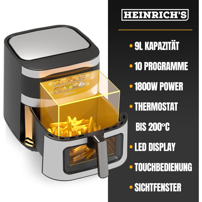 Аерофритюрниця HEINRICHS XXL 9 л 10-в-1, електрична мультипіч з LED-дисплеєм, сенсорним керуванням та таймером, 1800 Вт, кошик придатний для мийки в посудомийній машині