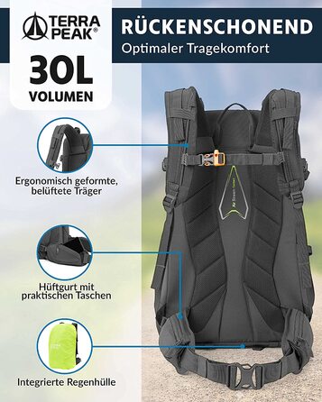Туристичний рюкзак Terra Peak Flex 30L з вентиляцією спини, регочохлом і тримачем для питної системи – середній трекінговий рюкзак із 3D Air Mesh для походів, з поясним ременем