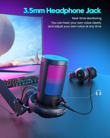 Мікрофон ігровий COCONISE RGB для ПК, стримінгу, подкасту, студії. USB мікрофон з 3.5 мм роз'ємом, регулюванням гучності та виносним кріпленням