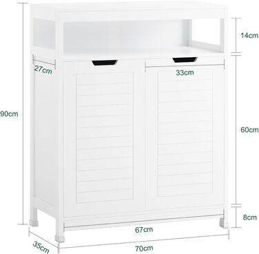 SoBuy BZR121-W Комод для ванної з 2 дверцятами, середній білий шафа 70x90x35 см, меблі для ванної, тумба у передпокій