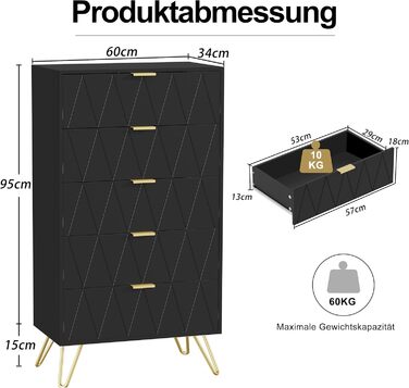 Комод UEV з 5 висувними ящиками, 60x34x110 см, сучасний чорний шафа для зберігання, тумба у вітальню, спальню чи коридор