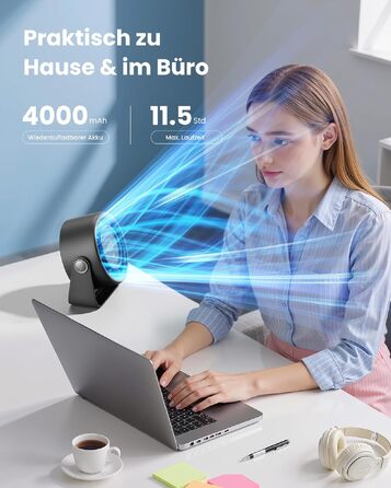 Вентилятор USB Gaiatop Klein безшумний, акумуляторний, настільний з 5 рівнями та потужним потоком повітря, сенсорний дисплей, поворотний на 360°, міні-вентилятор для спальні, офісу, столу, чорний