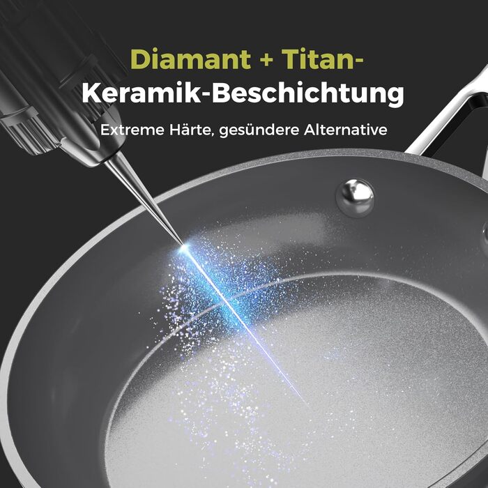 Набір керамічних сковород для індукційних плит DiamondTitan (20, 24, 28 см), антипригарне покриття без ПФОА та ПТФЕ, ручки з нержавіючої сталі, підходять для духовки та посудомийки, сірі