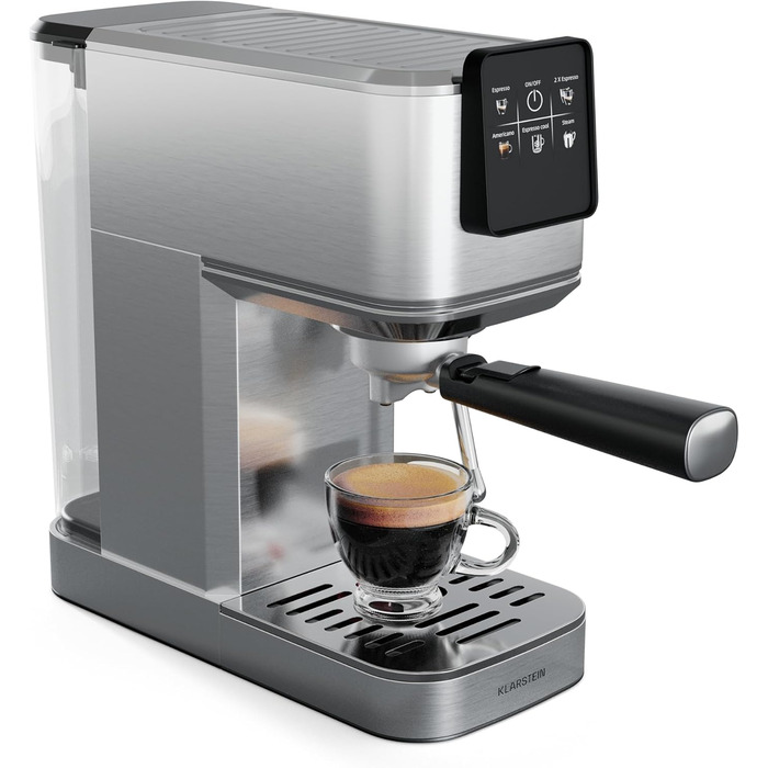 Кавоварка Klarstein SteelPresso Touch Slim з холдером, 20 бар, 1350 Вт, 1,2 л, нержавійка, компактна, цифрове управління, легке очищення, парова насадка