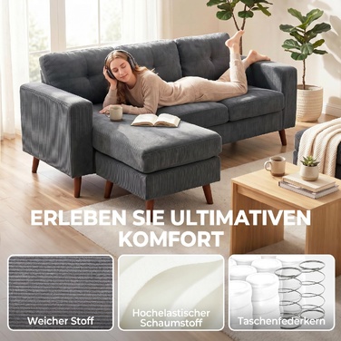 Кутовий диван Ecksofa 192 см, 3-місний, з реверсивним шезлонгом, вельвет, темно-сірий