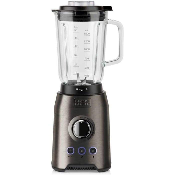 Стаціонарний блендер BLACK+DECKER BXJB1200E, 1200 Вт, 1,5 л, скляний глечик, 6 знімних лез із нержавіючої сталі, функції пульсації та колки льоду, придатний для миття в посудомийній машині