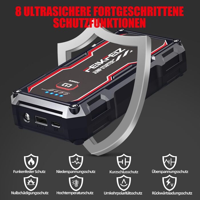 Автомобільний зарядний пристрій FEIKFEIZ Auto Starthilfe Powerbank, пусковий пристрій 6000A 26800mAh для 12V акумуляторів (бензин та дизель до 8.0L), з USB-портом та LED-ліхтарем