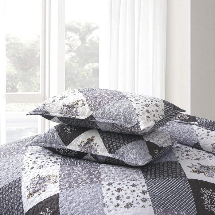 Покривало WONGS BEDDING 220x240 см, стьобане, мікрофібра, патчворк, з 2 наволочками 48x75 см, квітковий візерунок, чорний/сірий
